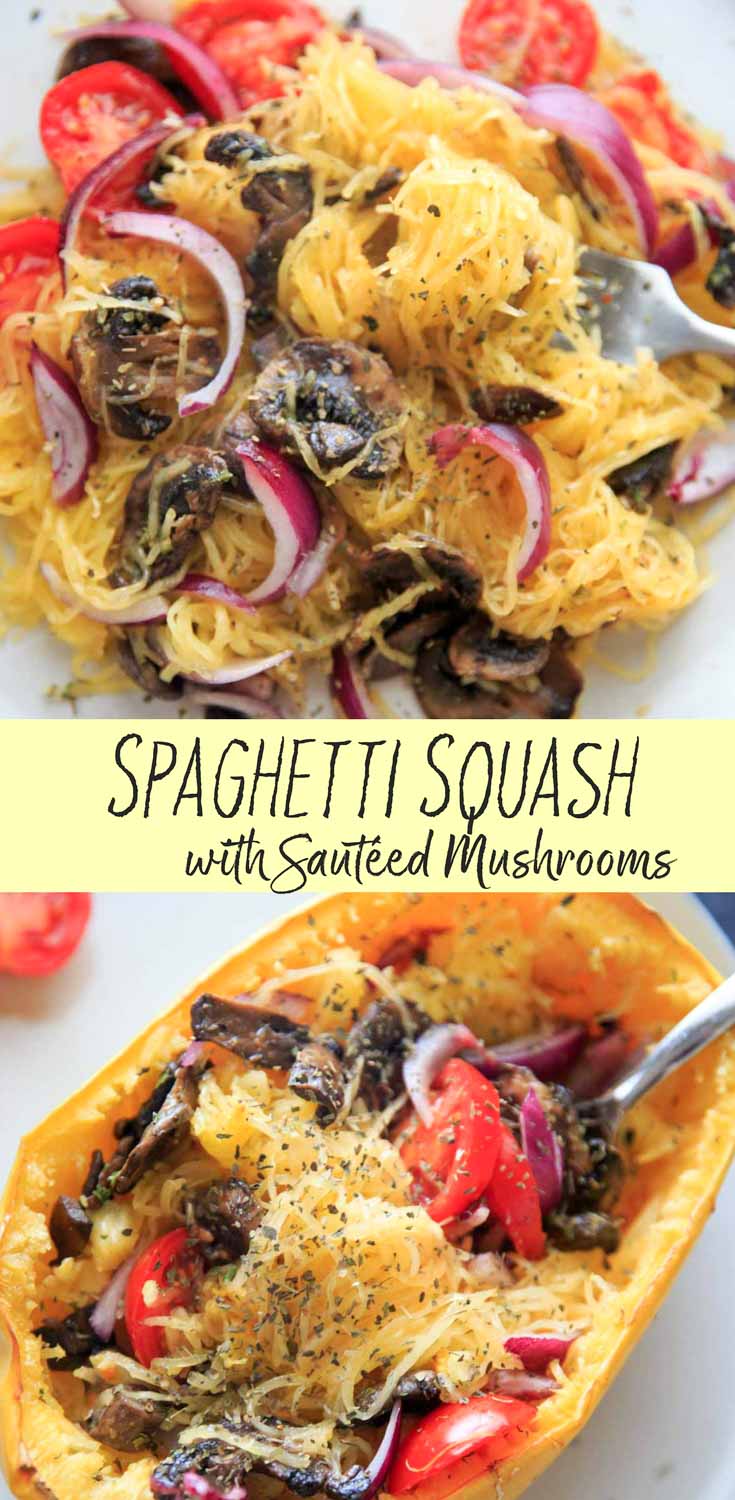 Spaghetti Squash with sautéed mushrooms, tomato and onion. A low-carb, gluten-free and vegan meal full of vegetables and flavor. Only 5 main ingredients, plus seasoning!