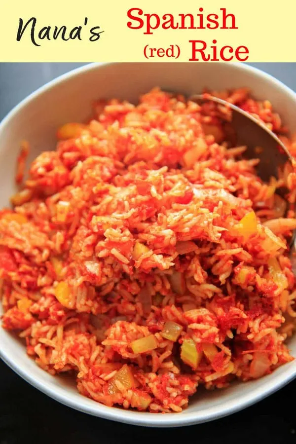 Nana's Spanish Rice recipe - a super easy, one pan / one pot side dish that takes only minutes to throw together. No need to pre-cook the rice! Naturally vegan and gluten-free.