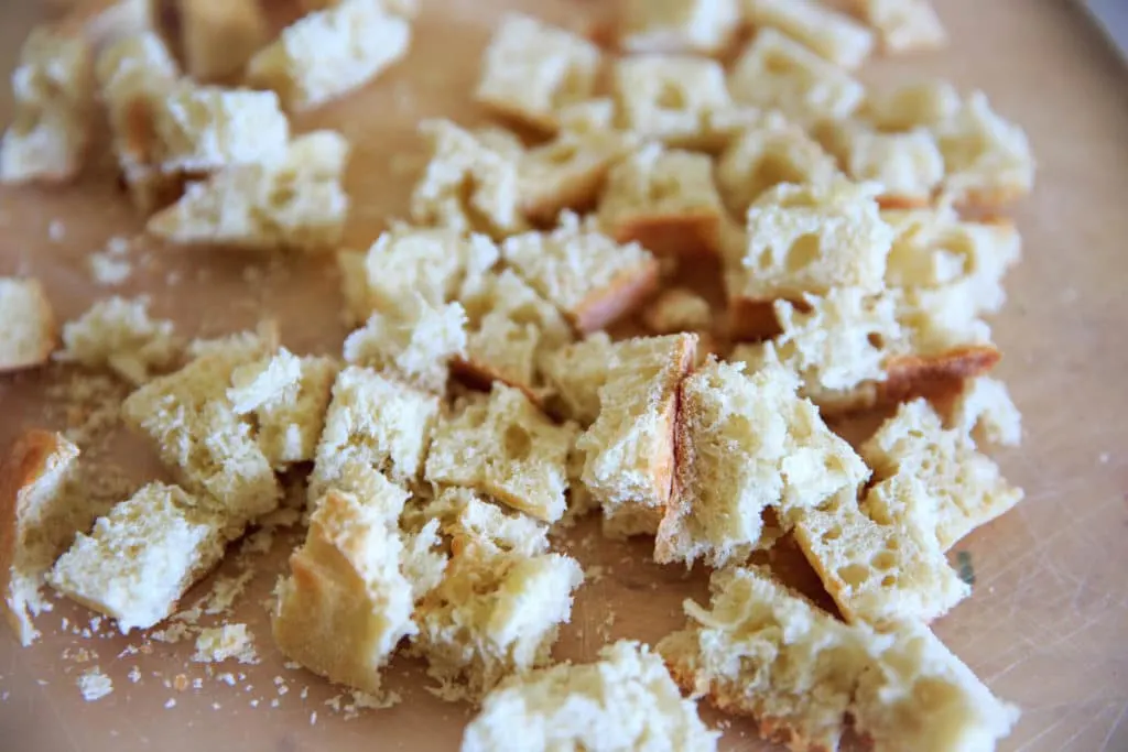 Cubed baguette ready to make croutons