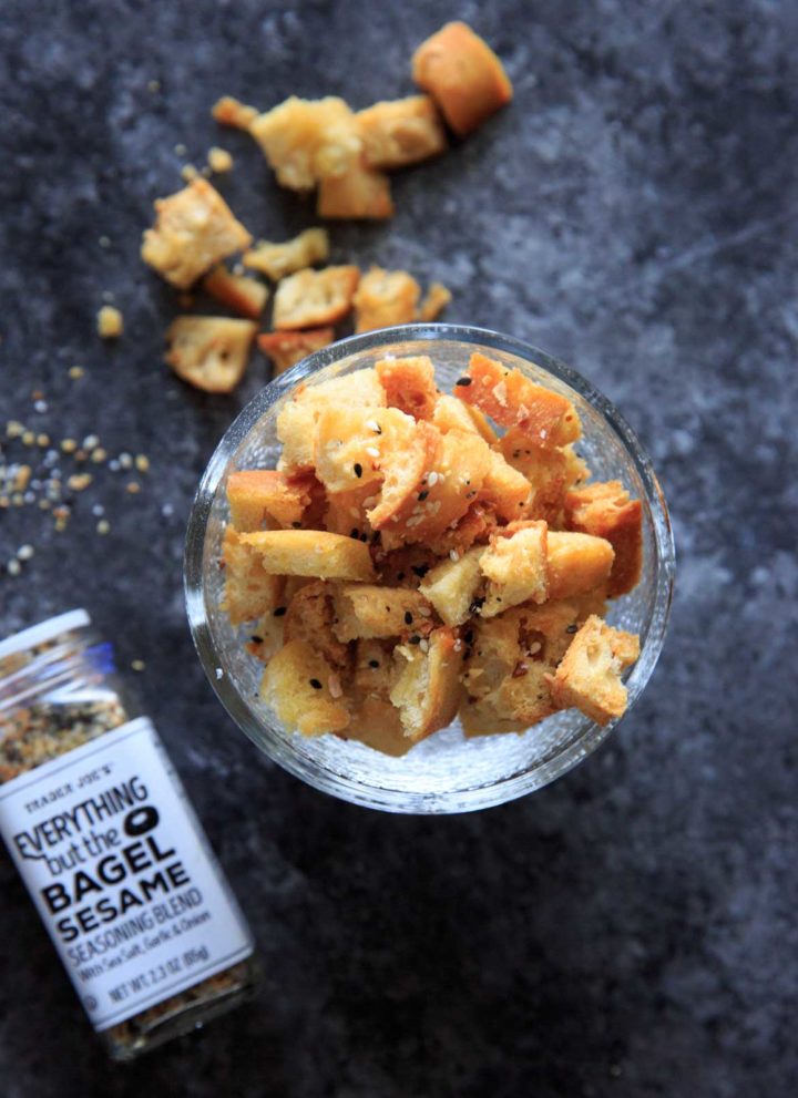 EVERYTHING BAGEL spiced croutons to add as a salad topper, pasta topper, or anything topper really. If you like the "everything but the bagel" spice blend, you'll love these croutons!