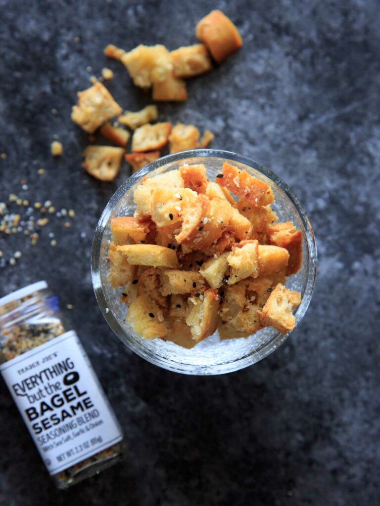 EVERYTHING BAGEL spiced croutons to add as a salad topper, pasta topper, or anything topper really. If you like the "everything but the bagel" spice blend, you'll love these croutons!