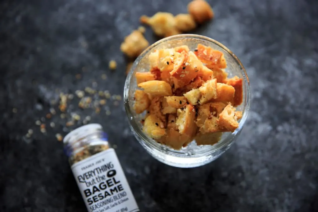 EVERYTHING BAGEL spiced croutons to add as a salad topper, pasta topper, or anything topper really. If you like the "everything but the bagel" spice blend, you'll love these croutons!