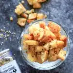 EVERYTHING BAGEL spiced croutons to add as a salad topper, pasta topper, or anything topper really. If you like the "everything but the bagel" sesame seasoning spice blend, you'll love these croutons!