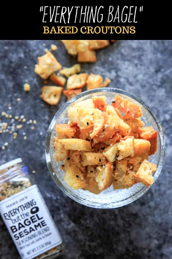EVERYTHING BAGEL spiced croutons to add as a salad topper, pasta topper, or anything topper really. If you like the "everything but the bagel" sesame seasoning spice blend, you'll love these croutons!