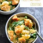 White Cheddar Macaroni and Cheese with Spinach and "Everything Bagel" Seasoned croutons. A delicious and unique spin on mac and cheese that comes together surprisingly quickly - in under 30 minutes! This flavorful combo sneaks in veggies and is sure to be added to your meatless dinner rotation.
