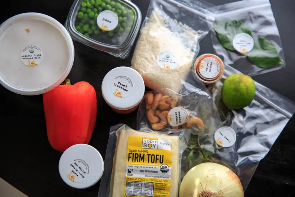 Ingredients for Thai tofu panang curry with jasmine rice