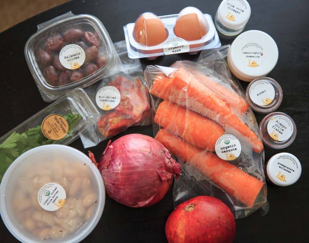 Ingredients for Turkish piyaz salad with roasted carrots and soft-cooked eggs