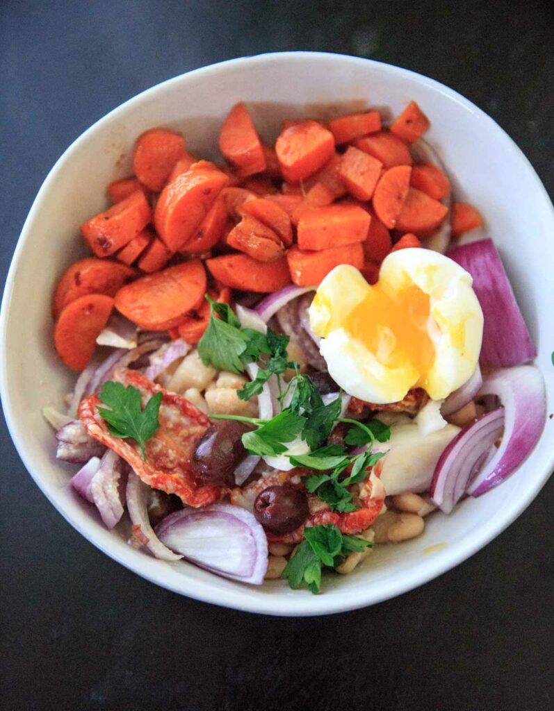 Turkish piyaz salad with roasted carrots and soft-cooked eggs