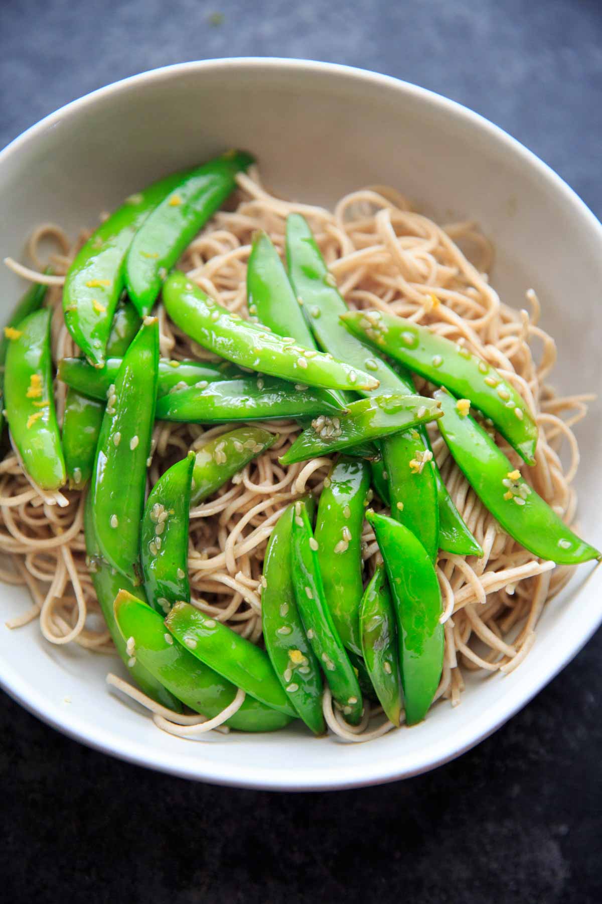 Lemon Sesame Sugar Snap Peas on Soba Noodles