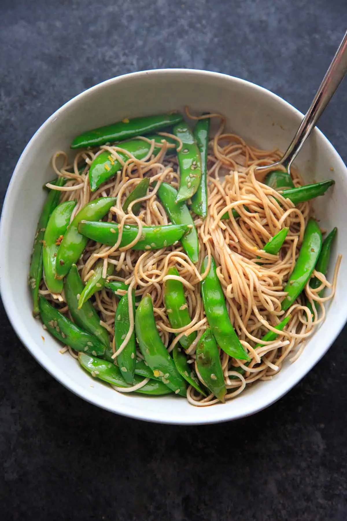 Lemon Sesame Sugar Snap Peas on Soba Noodles