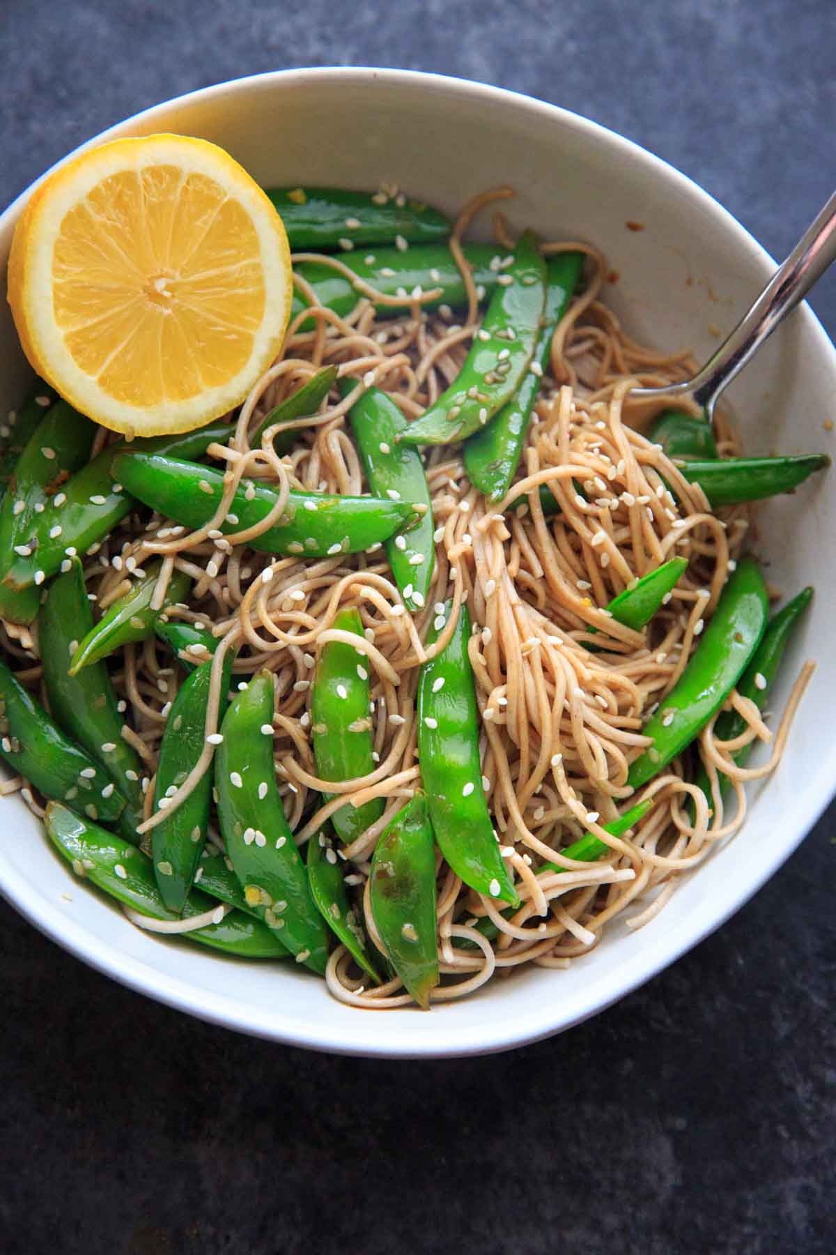 Lemon Sesame Sugar Snap Peas on Soba Noodles