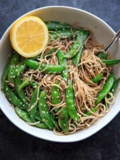 Lemon Sesame Sugar Snap Peas on Soba Noodles