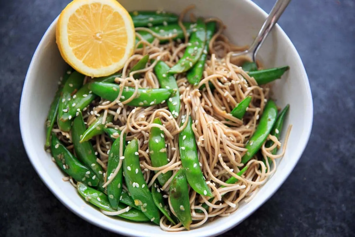 Lemon Sesame Sugar Snap Peas on Soba Noodles