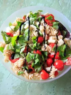 Caprese Pasta Salad - Tomatoes, basil, mozzarella, balsamic and olive oil on pasta