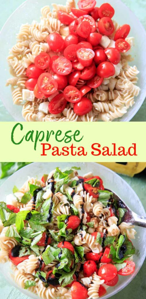 Caprese Pasta Salad - super simple dish that can be eaten as a whole meal or a side. Fresh tomatoes and basil make this an excellent summer pasta salad for picnics, potlucks and family dinners!