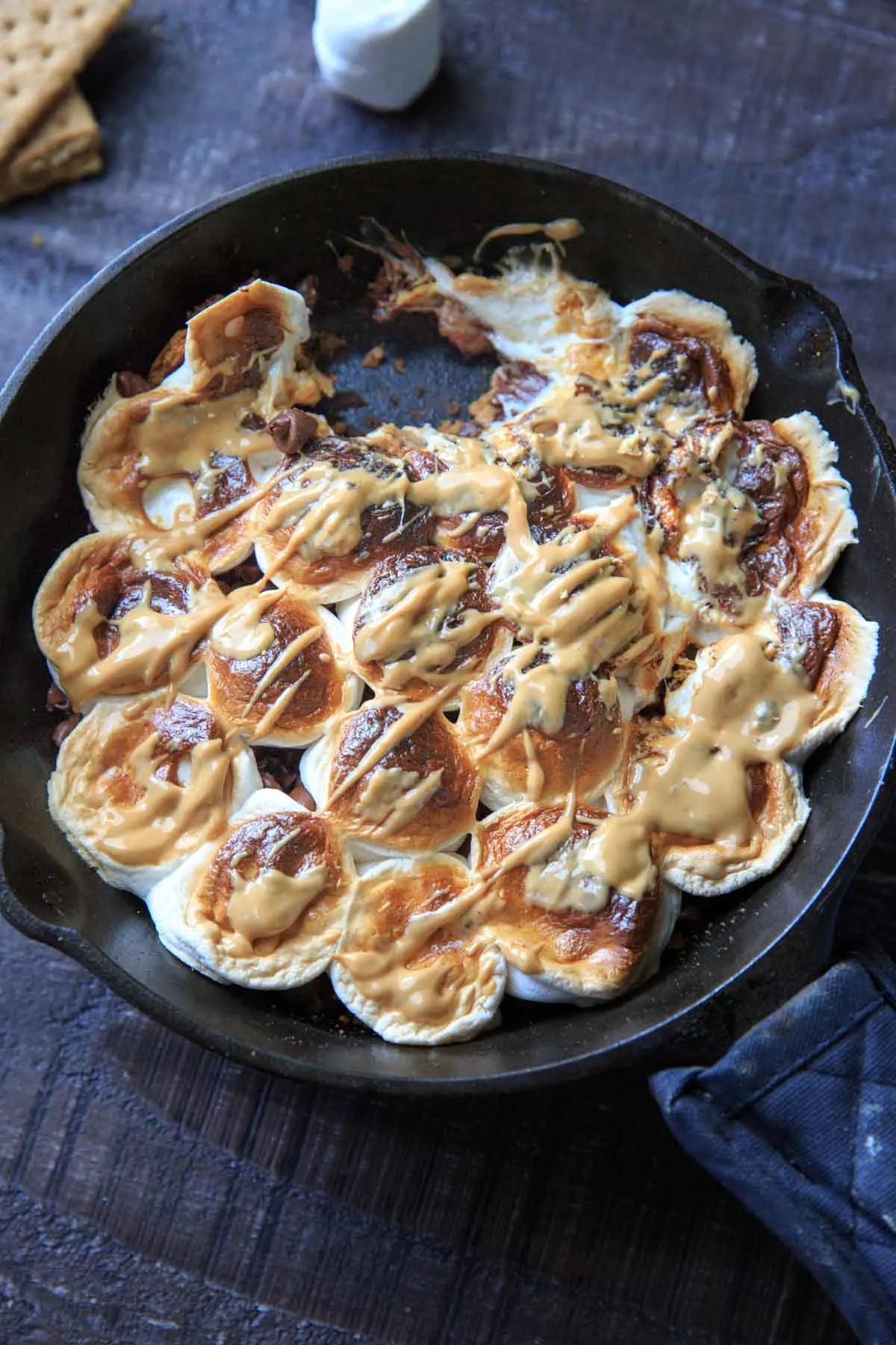 Skillet s'mores with a scoop taken out