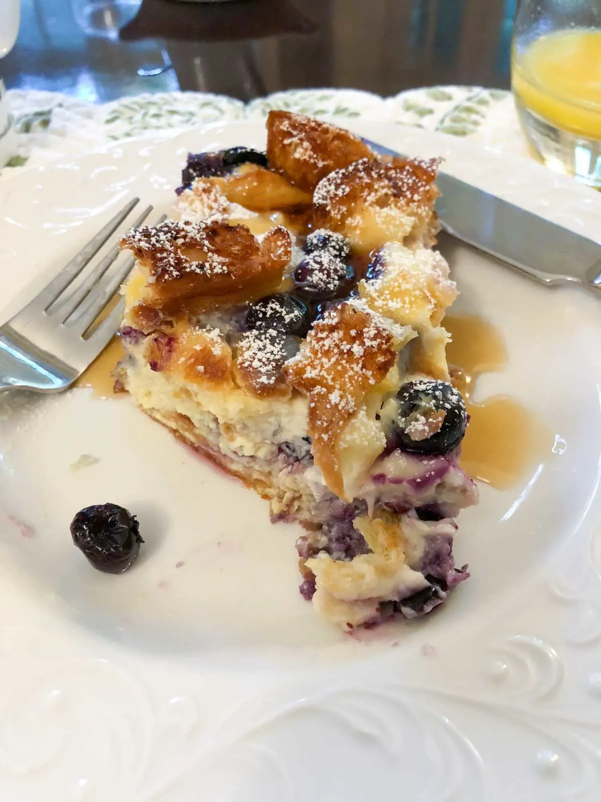 blueberry cheesecake french toast on white plate