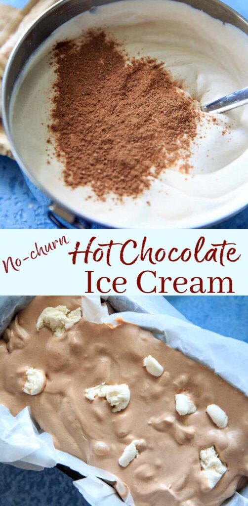Hot Chocolate Ice Cream recipe with as few as 3 ingredients (plus marshmallows)! No ice cream machine needed for this no-churn recipe.