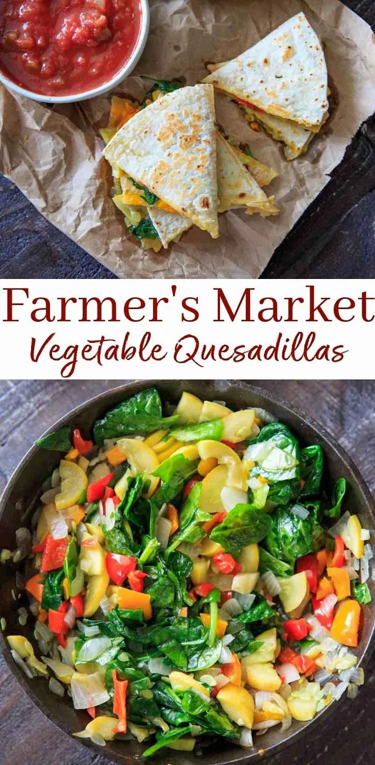 Farmers Market Garden Vegetable Quesadillas. With squash, peppers, spinach, freshly grated cheese and Mission Organics® Flour Tortillas, these are easy to make and customizable with your choice of fresh produce!