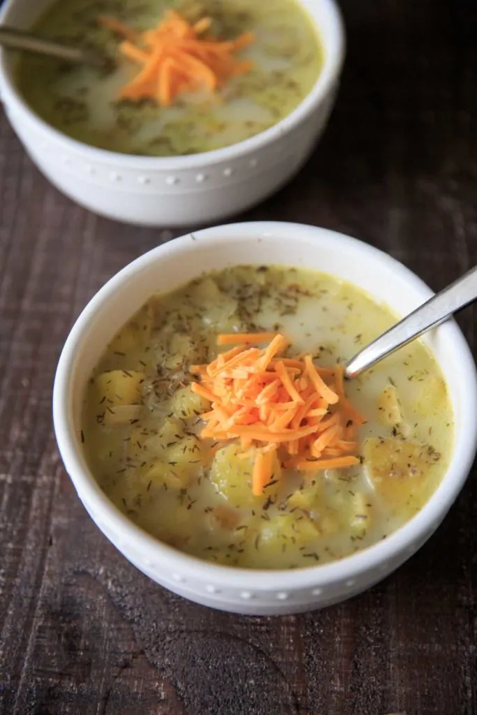 Chunky potato soup with loads of herbs makes for a lovely comforting cold-weather meal in the fall. Make it creamy if you want, Gluten-free with dairy-free option.