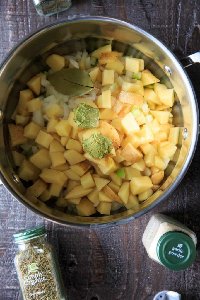 Chunky potato soup with loads of herbs makes for a lovely comforting cold-weather meal in the fall. Make it creamy if you want, Gluten-free with dairy-free option.