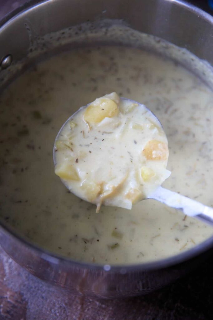 Chunky potato soup with loads of herbs makes for a lovely comforting cold-weather meal in the fall. Make it creamy if you want, Gluten-free with dairy-free option.