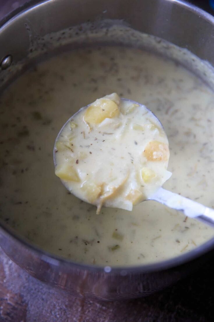 Chunky potato soup with loads of herbs makes for a lovely comforting cold-weather meal in the fall. Make it creamy if you want, Gluten-free with dairy-free option.