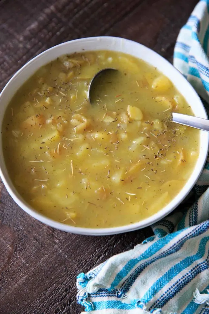 Chunky potato soup with loads of herbs makes for a lovely comforting cold-weather meal in the fall. Make it creamy if you want, Gluten-free with dairy-free option.