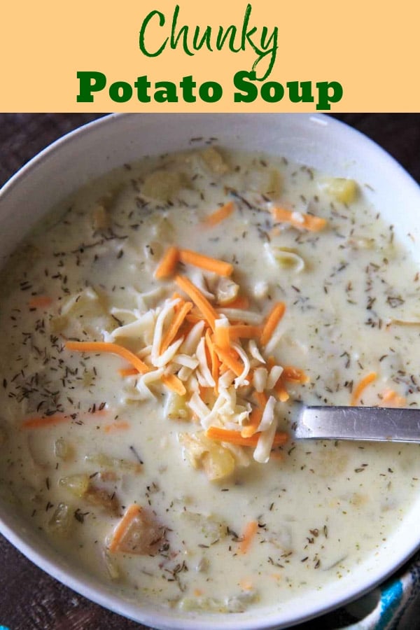 Chunky potato soup with loads of herbs makes for a lovely comforting cold-weather one-pot meal in the fall. Make it creamy if you want! Gluten-free with dairy-free option. #trialandeater #vegetarian #soup #potatoes