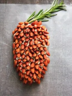 A cheese ball that looks like a pine cone! This will be a hit at your party. Using rosemary sprigs and cinnamon honey roasted almonds.