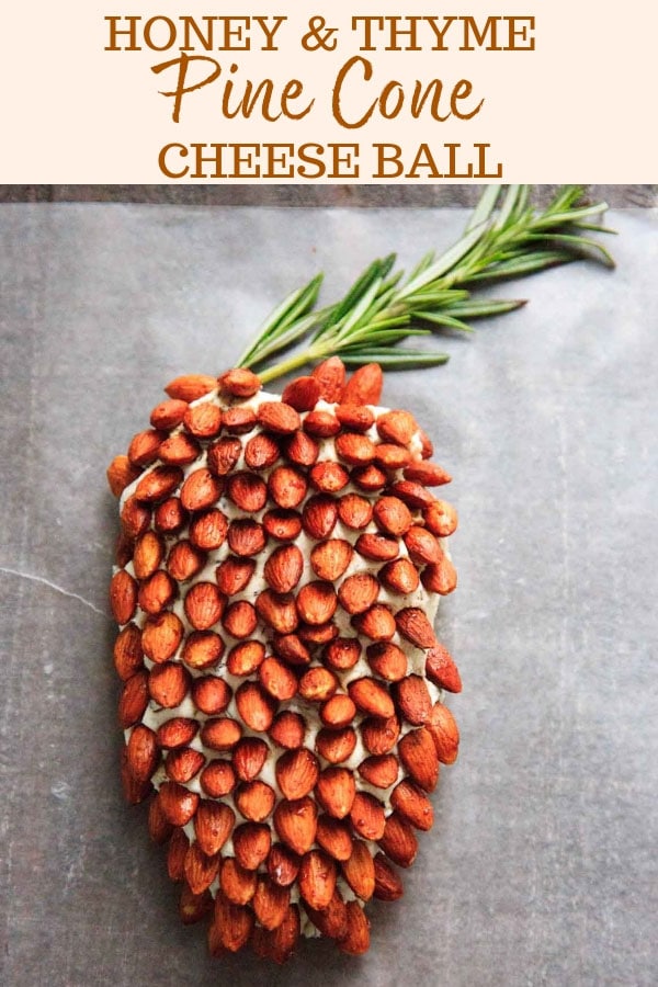 A cheese ball that looks like a pine cone! This appetizer will be a hit at your party. Using rosemary sprigs and cinnamon honey roasted almonds.