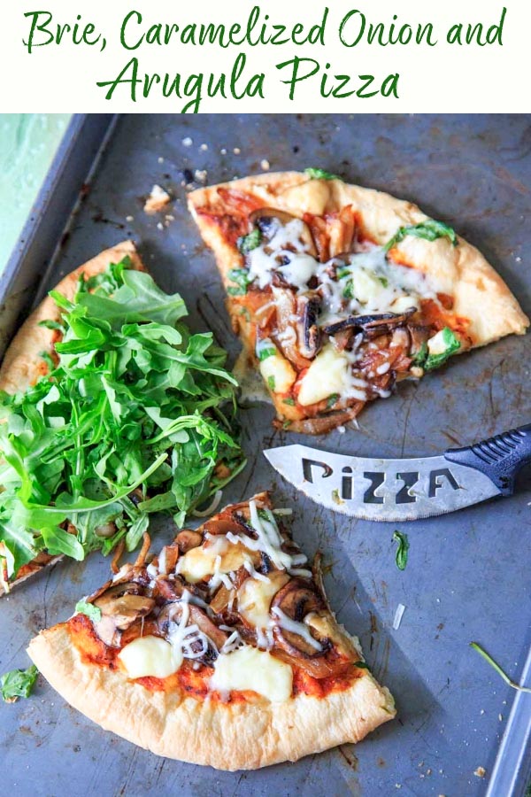 Upgrade your pizza night by making homemade pizza with caramelized onions, mushrooms, fresh baby arugula and brie cheese! You'll love this vegetarian pizza because it's so flavorful, fresh and unique. A little bit of sweet along with a little bit of peppery flavors!