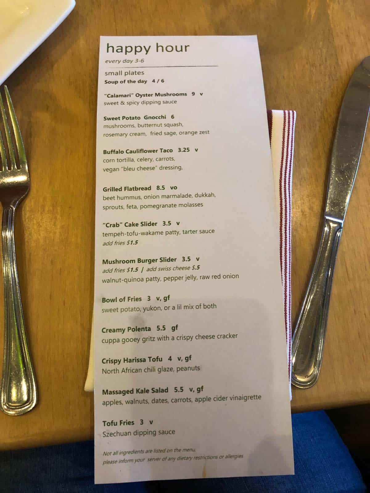 Leaf vegetarian restaurant Boulder Colorado happy hour menu