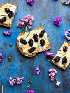 Blackberry Ricotta Toast with honey drizzle. Makes for a great breakfast, midday snack, or even a fruit berry dessert!