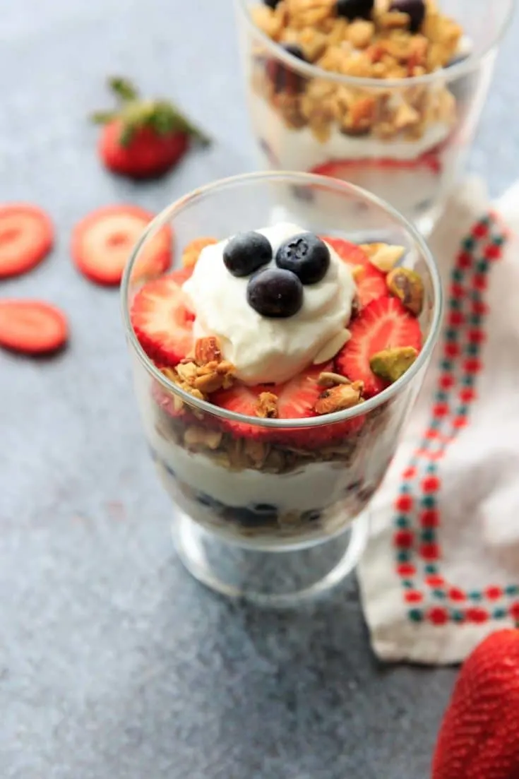 Red, white and blue berry parfait! Layered with yogurt and granola, you'll love this easy recipe for a filling snack or healthy breakfast treat.