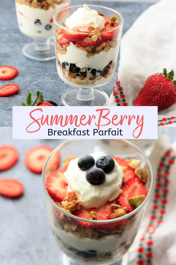 Red, white and blue berry parfait! Layered with yogurt and granola, you'll love this easy recipe for a filling snack or healthy breakfast treat. 