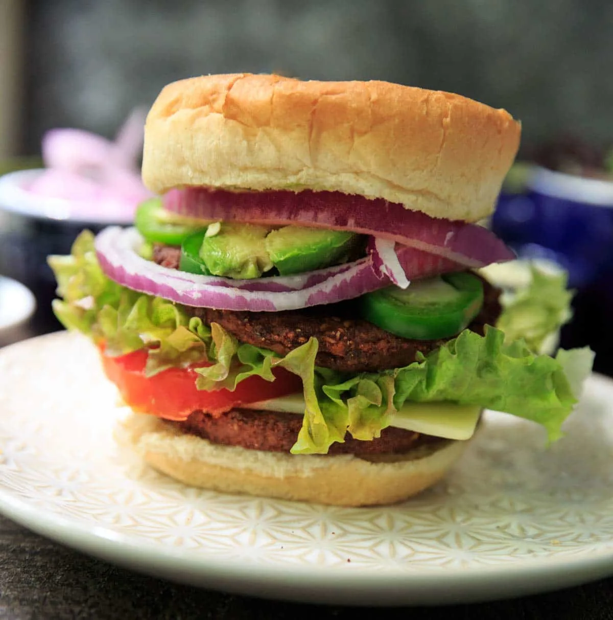 MorningStar Farms spicy black bean burger on a bun with toppings