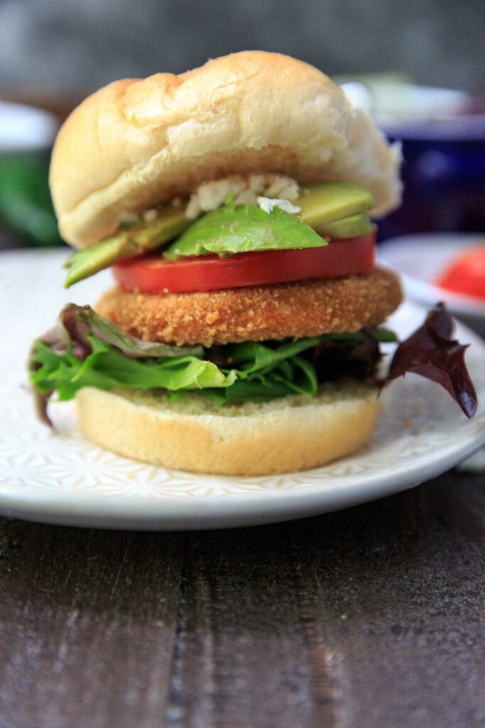 MorningStar Farms chikn patty on a bun with toppings