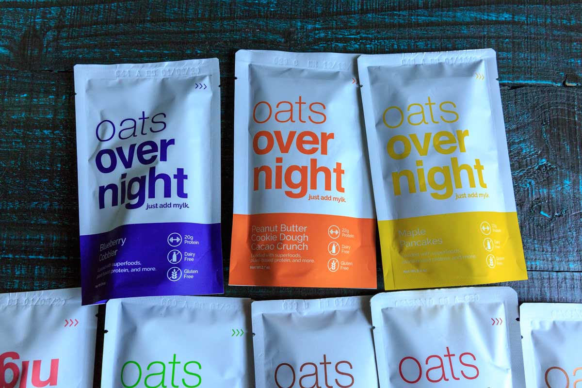 A picture of 3 flavors of oats overnight packets, plant based options 