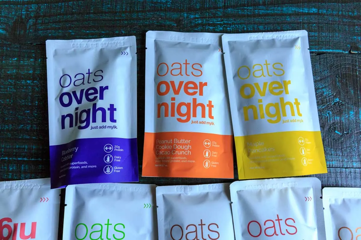 A picture of 3 flavors of oats overnight packets, plant based options