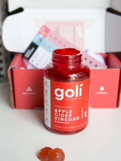 Goli brand apple cider vinegar gummies are organic, vegan and gluten-free and free of preservatives, chemicals and artificial ingredients. They actually taste delicious and are an easy, portable alternative to drinking ACV for the health benefits!