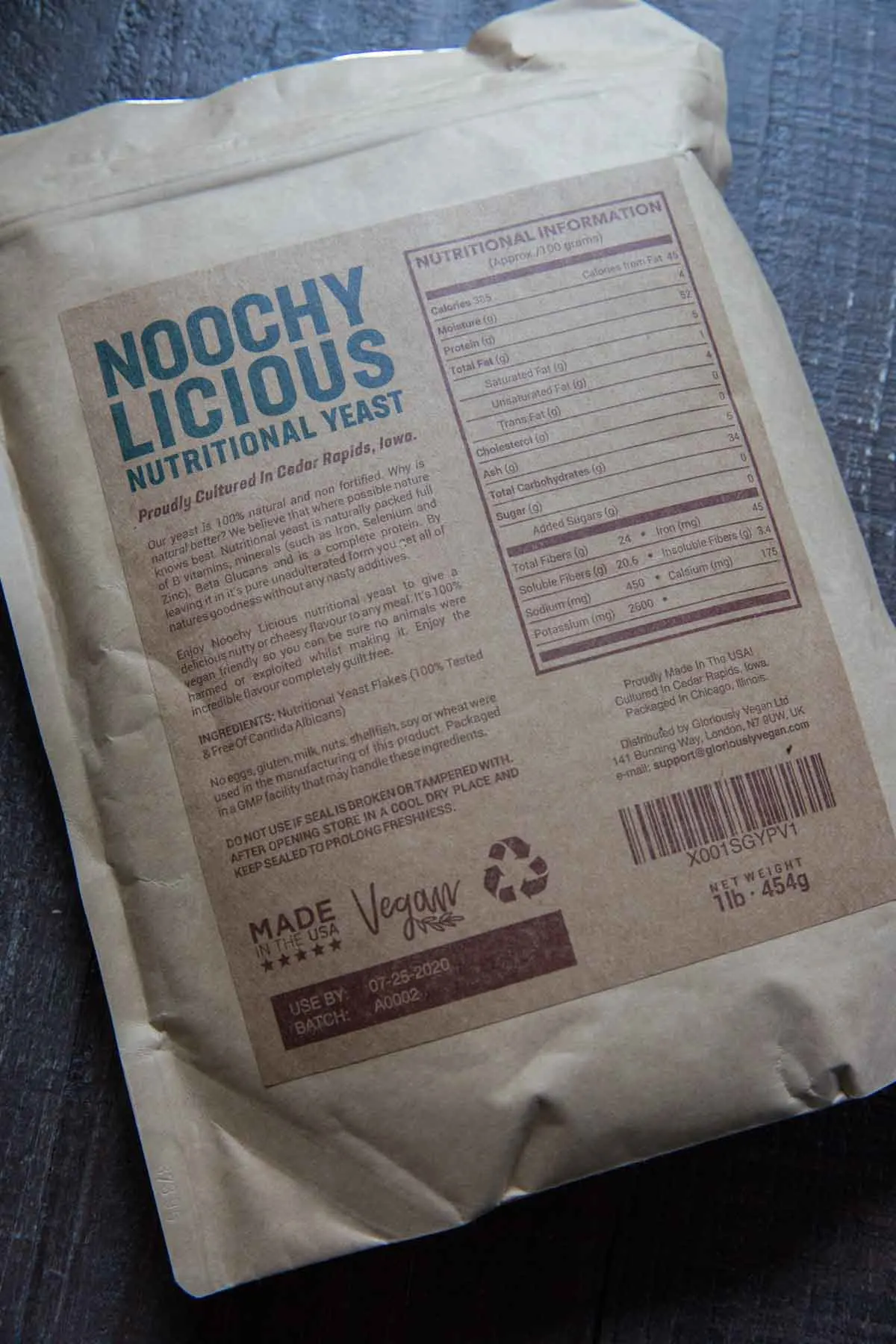 Noochy Licious nutritional yeast bag of bag with nutritional facts