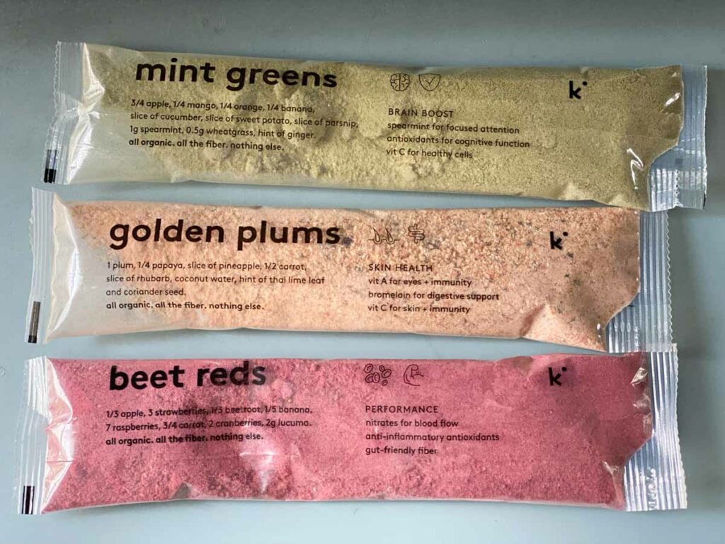 mint greens, golden plums and beed reds kencko smoothie packets