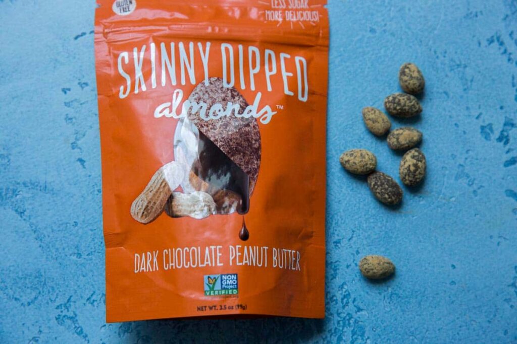 skinny dipped almonds dark chocolate peanut butter bag