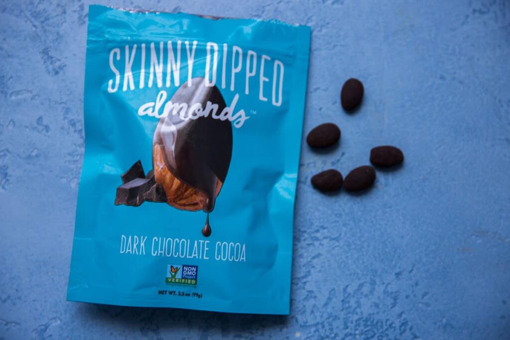 skinny dipped almonds dark chocolate cocoa bag