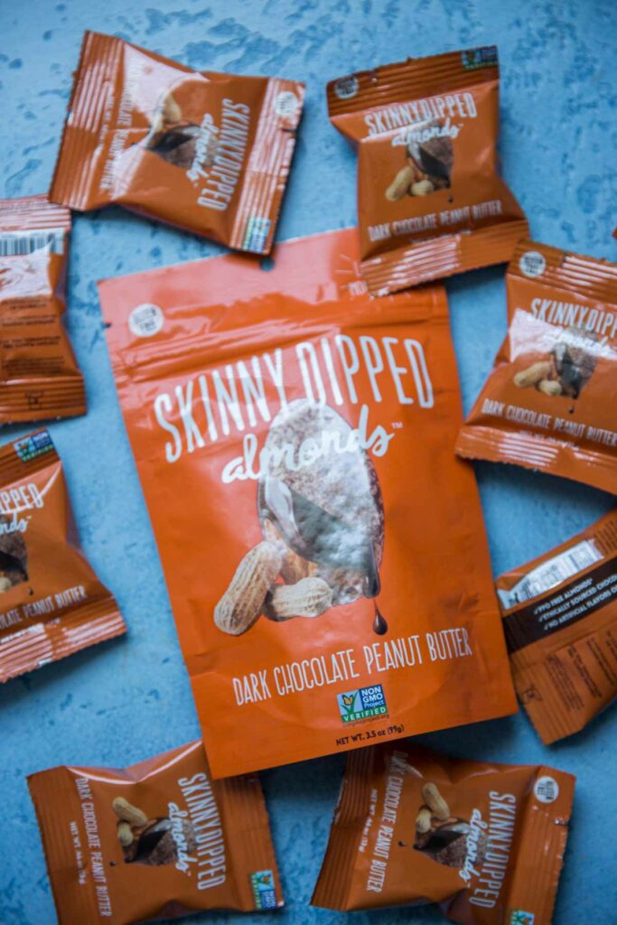 skinny dipped almonds dark chocolate peanut butter bag and minis