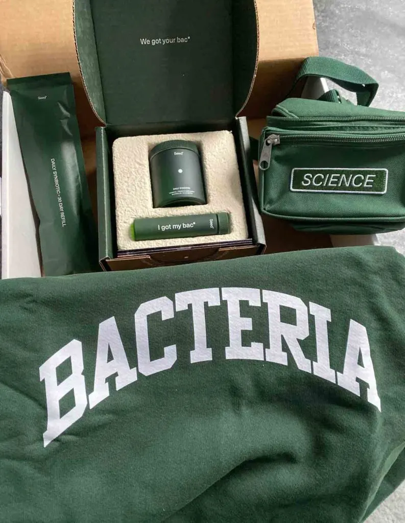 Seed probiotics goodie bag with bacteria sweatshirt, fanny pack and probiotics