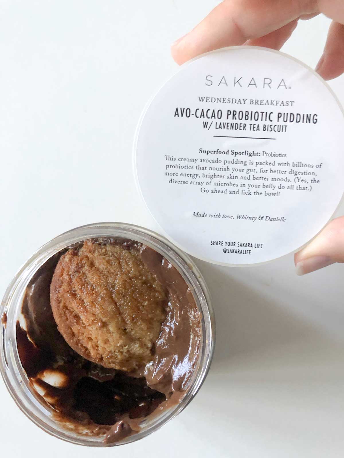 avo-cacao probiotic pudding with lavender tea biscuit from sakara delivery