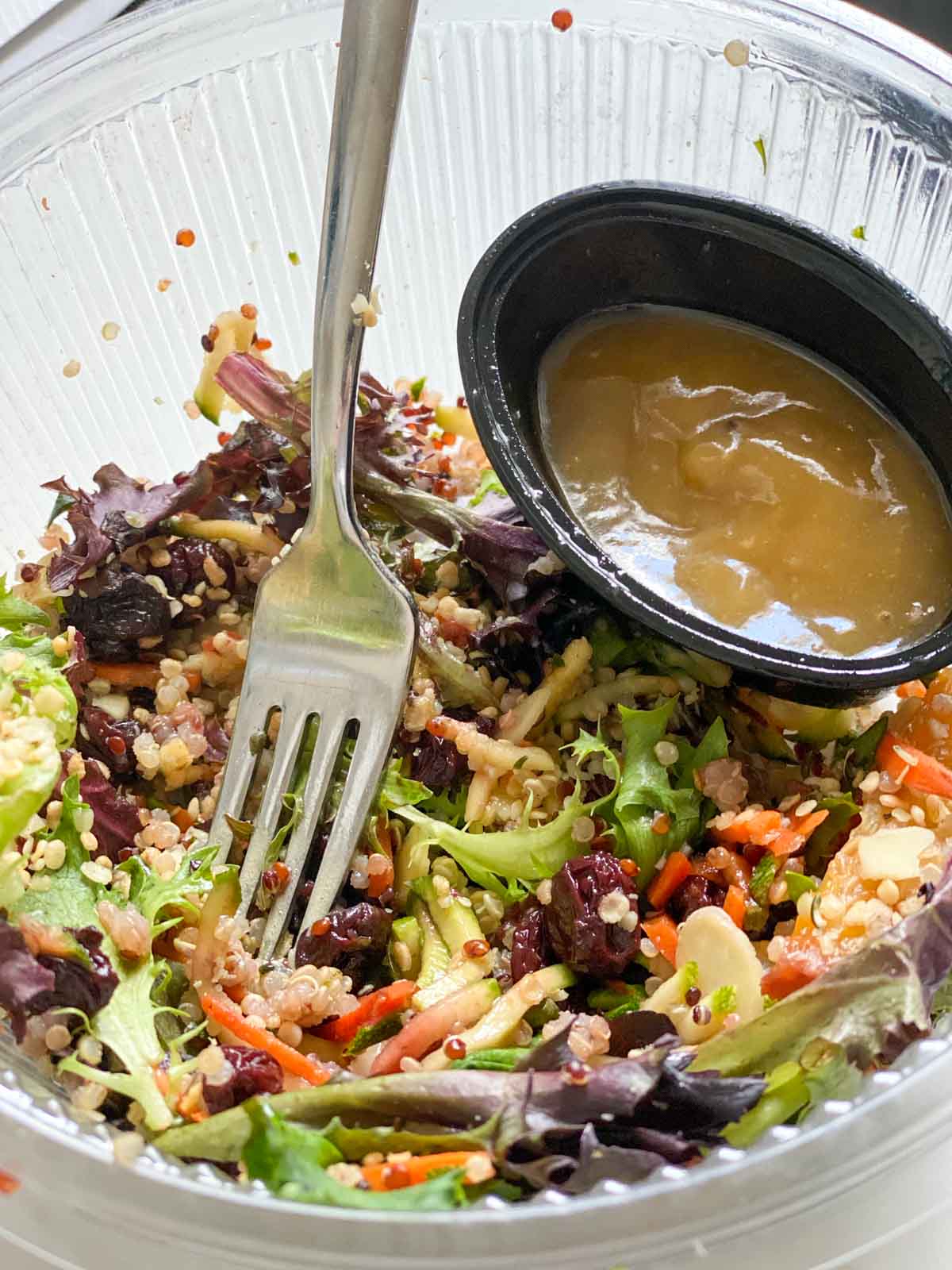 Sakara summer sun salad with fork in bowl and dressing on the side