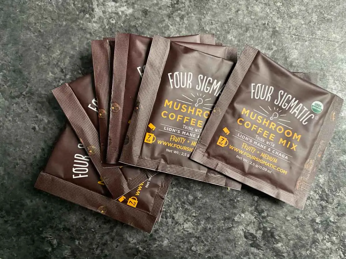 Four Sigmatic coffee packets instant